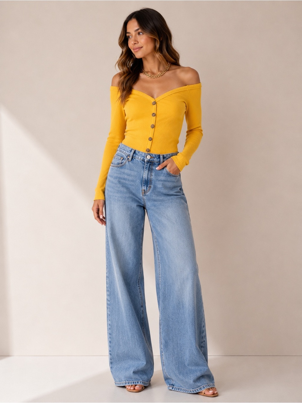 Iris Basic Mustard Yellow Off-Shoulder Button-Front Ribbed Top - Picture 7 of 10